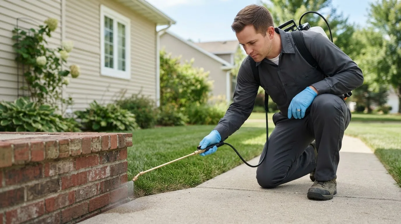 Pest control technician treating a home near Partridge, KS