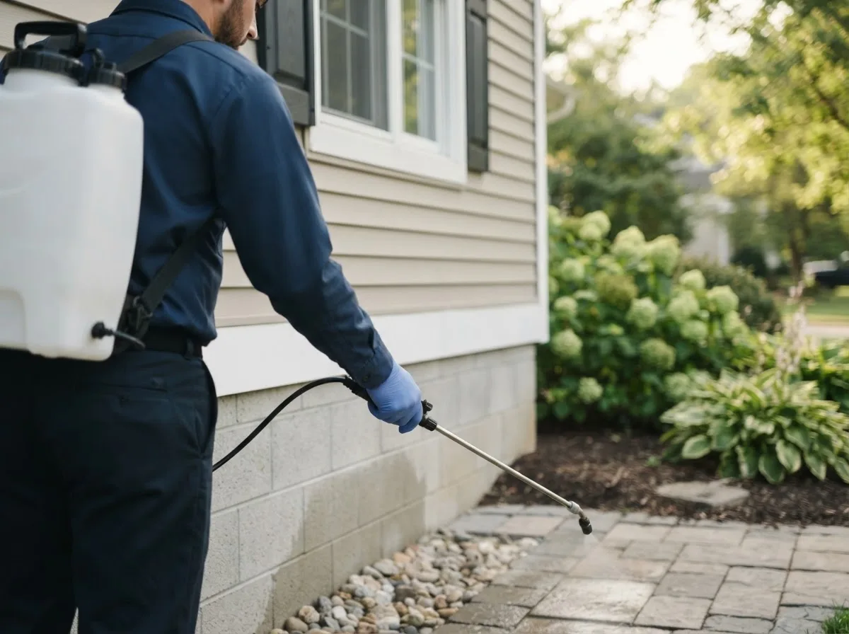 Pest control technician inspecting a home in Partridge, KS